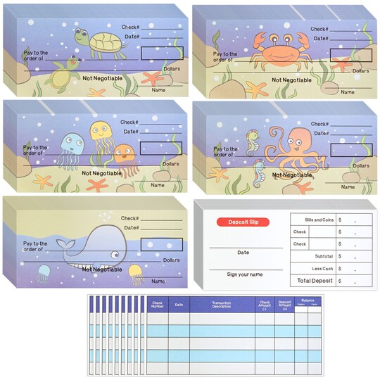 Prop Money Checkbook Set - Math Manipulatives & Fake Checks - Homeschool Supplies & Financial Literacy for Kids - Realistic Money Simulation - Sea Animal Theme, 6 x 3 in, 150 Sheets